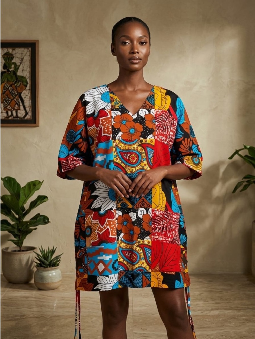 African wax print Orange Red V-Neck Raglan Dress